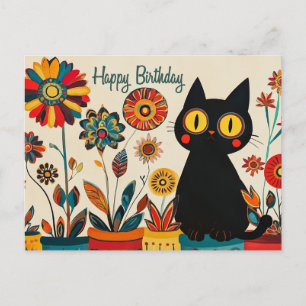 Cartão Postal Feliz Aniversário Gato Preto com Flores