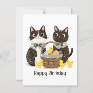 Cartão Postal Feliz Aniversário Gatos de Páscoa Cesta de Páscoa