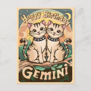 Cartão Postal Feliz Aniversário Gatos do Signo de Gêmeos