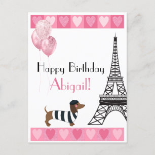 Cartão Postal Feliz Aniversário Glitter Coração Rosa Cão Torre E
