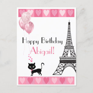 Cartão Postal Feliz Aniversário Glitter Coração Rosa Gato Tor