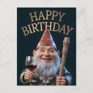 Cartão Postal "Feliz Aniversário" Gnomo Brindando com Vinho Tint
