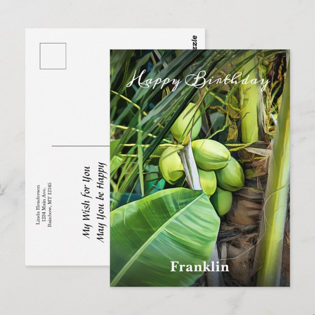 Cartão Postal Feliz Aniversário Homens Coqueiros Árvores Tropica (Frente/Verso)