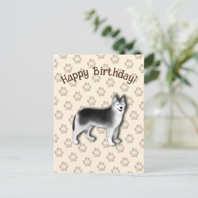 Cartão Postal Feliz Aniversário Husky pegada de cachorro Editáve (Em pé/Frente)