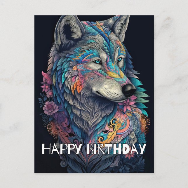 Cartão Postal Feliz Aniversário Ilustração Hunter Wolf (Frente)