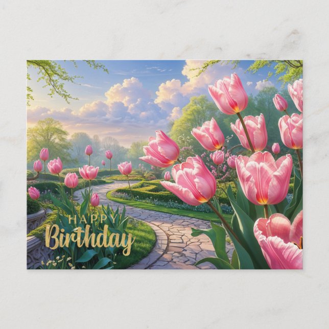 Cartão Postal Feliz Aniversário Jardim de Tulipas Rosa na Primav (Frente)