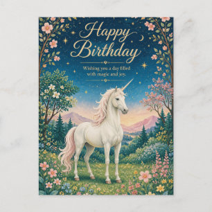 Cartão Postal Feliz Aniversário Jardim Floral do Unicórnio Mágic