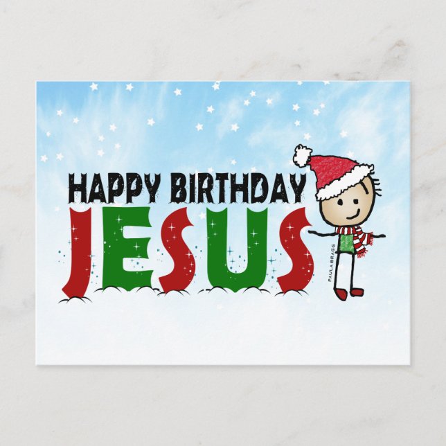 Cartão Postal Feliz Aniversário Jesus Stickman de Natal (Frente)