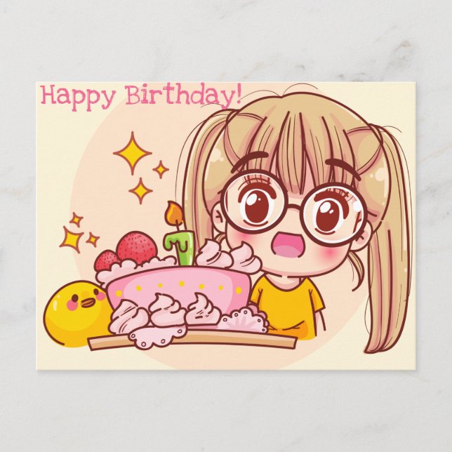 Cartão Postal Feliz Aniversário Kawaii (Frente)