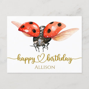Cartão Postal Feliz Aniversário Ladybug Watercolor Postar Card