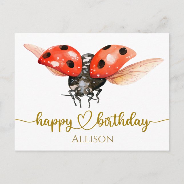 Cartão Postal Feliz Aniversário Ladybug Watercolor Postar Card (Frente)