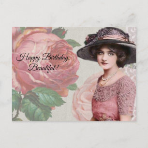 Cartão Postal Feliz Aniversário, Linda - Dama Antiga e Rosa