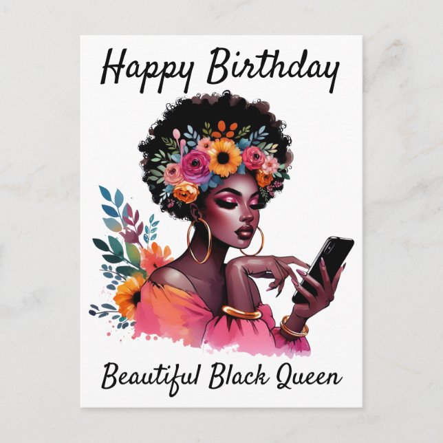 Cartão Postal Feliz aniversário Linda Rainha Negra Melanin Sista (Frente)