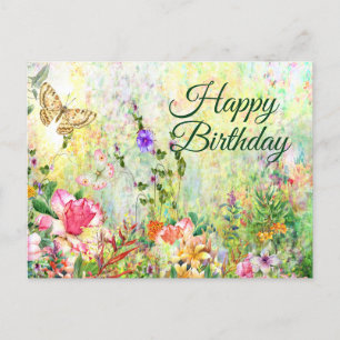 Cartão Postal Feliz Aniversário Lindas Flores de Jardim Aquarela