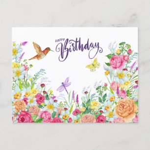 Cartão Postal Feliz Aniversário Lindas Flores de Jardim em Aquar