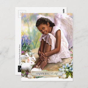 Cartão Postal Feliz aniversário. Little Angel com Bunnies