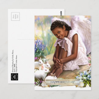 Cartão Postal Feliz aniversário. Little Angel com Bunnies