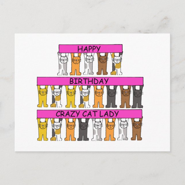 Cartão Postal Feliz Aniversário Louco Senhora de Gato, Gatos de  (Frente)