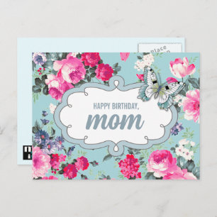 Cartão Postal Feliz aniversário, mãe. Flores e borboletas
