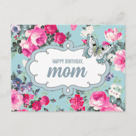 Cartão Postal Feliz aniversário, mãe. Flores e borboletas