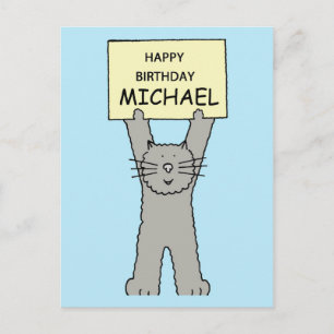 Cartão Postal Feliz Aniversário Michael Cartoon Cinza Cat