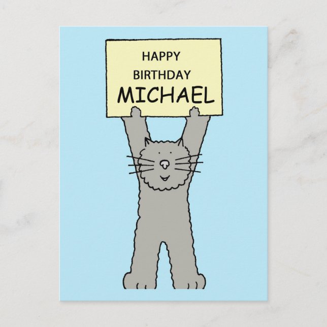 Cartão Postal Feliz aniversário Michael Cartoon Cinza Cat (Frente)