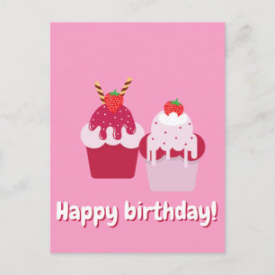 Cartão Postal Feliz Aniversário - Morangos Curtos Rosa Fofo
