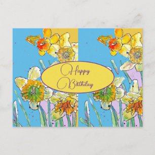 Cartão Postal Feliz Aniversário Narciso floral Amarelo Azul