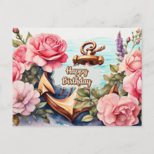Cartão Postal Feliz Aniversário Náutico, Oceano, Rosas Cor-de-Ro