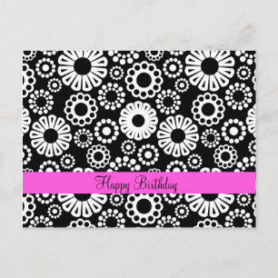 Cartão Postal Feliz Aniversário Negrito Branco Preto Flor Retro