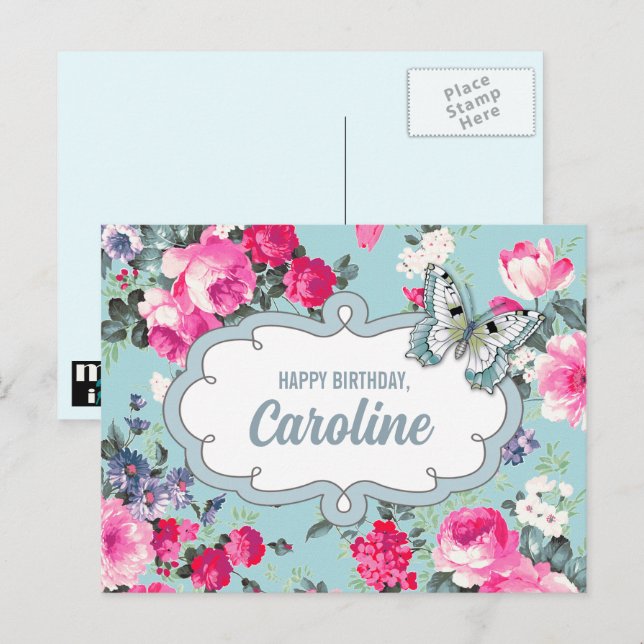 Cartão Postal Feliz aniversário. Nome personalizado | Flores e b (Frente/Verso)