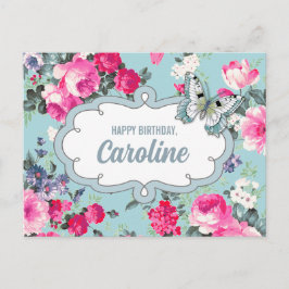 Cartão Postal Feliz aniversário. Nome personalizado | Flores e b