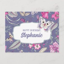 Cartão Postal Feliz aniversário. Nome personalizado | Flores e b