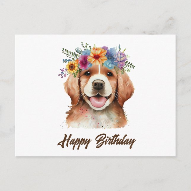 Cartão Postal Feliz Aniversário Ouro Retriever Cão e Flores (Frente)