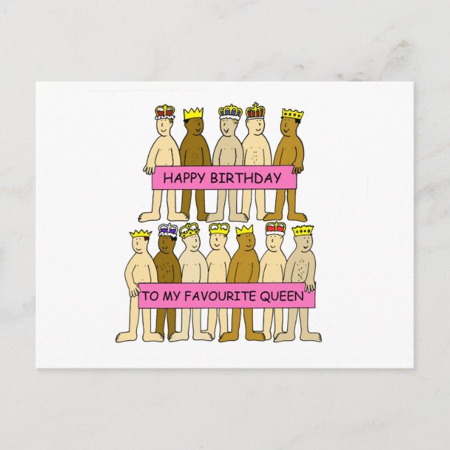 Cartão Postal Feliz aniversário para a Rainha Humor gay favorita (Frente)