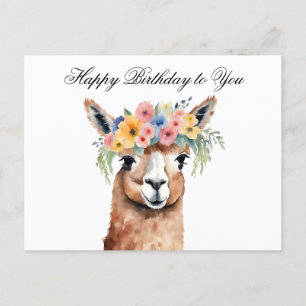 Cartão Postal Feliz Aniversário para Você Alpaca com Flores 