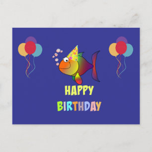 Cartão Postal Feliz aniversário, peixe de desenho animado fofo e