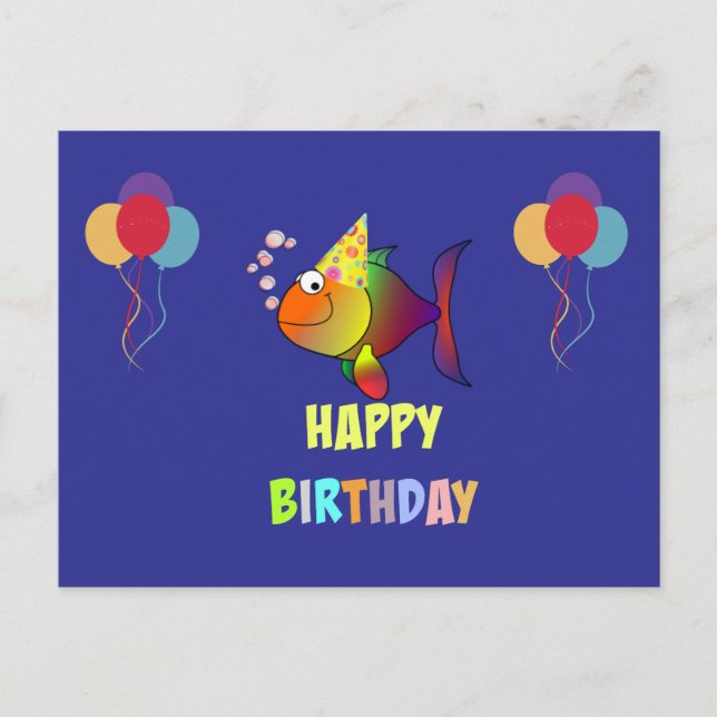 Cartão Postal Feliz aniversário, peixe de desenho animado fofo e (Frente)