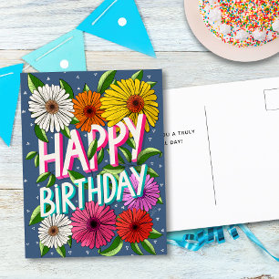Cartão Postal Feliz Aniversário Personalizado Floral Azul Colori