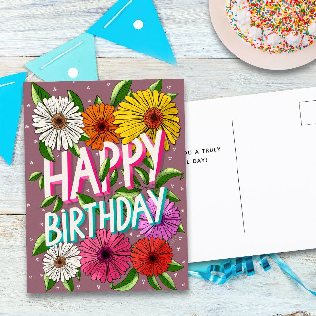 Cartão Postal Feliz Aniversário Personalizado Floral Rosa Colori (Criador carregado)