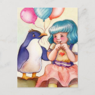 Cartão Postal Feliz aniversário, Pinguim e Menina