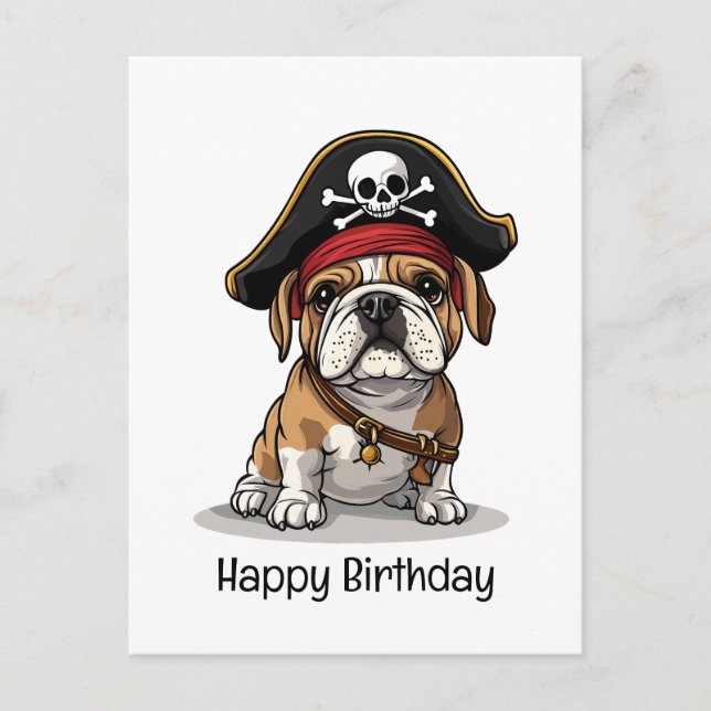 Cartão Postal Feliz Aniversário Pirata Caveira de Bulldog Inglês (Frente)
