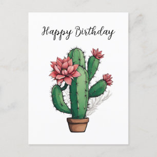 Cartão Postal Feliz Aniversário Planta Cacto Florido 