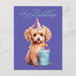 Cartão Postal Feliz Aniversário Poodle com Chapéu de Festa e Bol