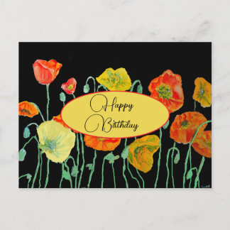 Cartão Postal Feliz Aniversário Poppy floral Vermelho Amarelo Ca