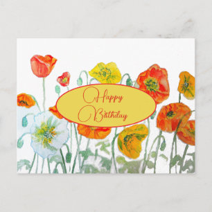 Cartão Postal Feliz Aniversário Poppy floral Vermelho Amarelo Ca