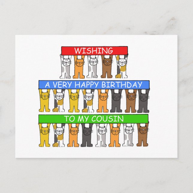 Cartão Postal Feliz Aniversário, primo, Gatos de Cartoon (Frente)