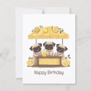 Cartão Postal Feliz Aniversário Pug Cães Stand de Limonada