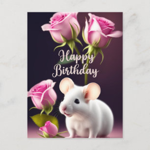 Cartão Postal Feliz Aniversário Ratinho Fofo com Rosas Rosa 