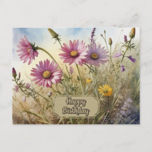 Cartão Postal Feliz Aniversário Rosa Cosmos Floral